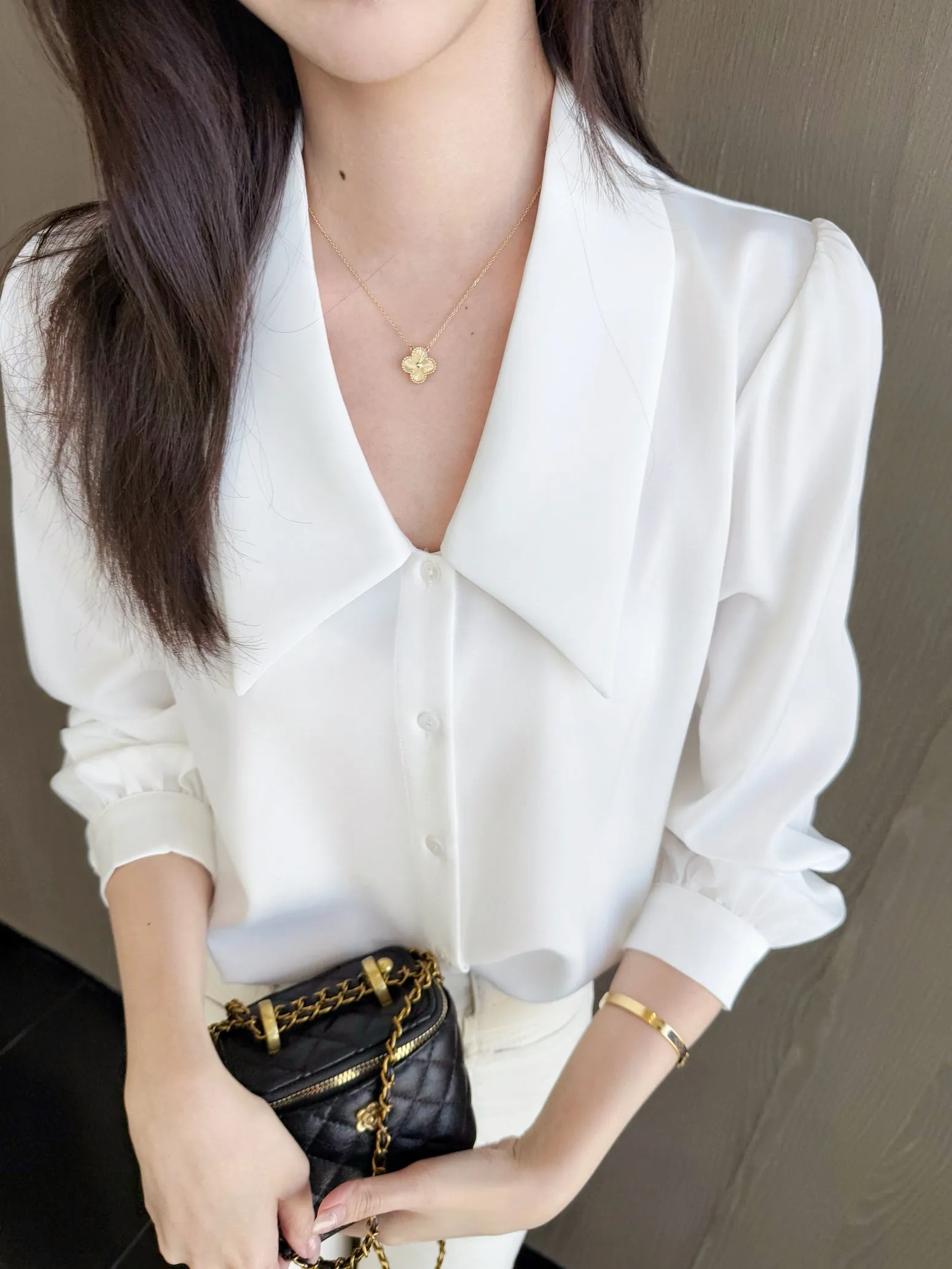 Chic French Style Solid White Satin Dress Shirt