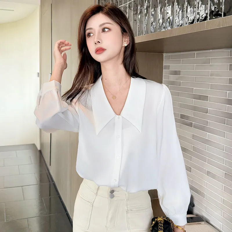 Chic French Style Solid White Satin Dress Shirt