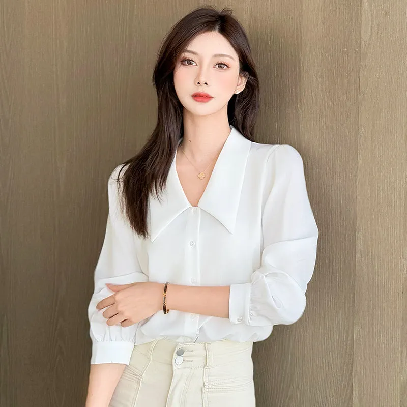 Chic French Style Solid White Satin Dress Shirt