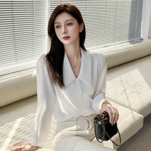 Chic French Style Solid White Satin Dress Shirt