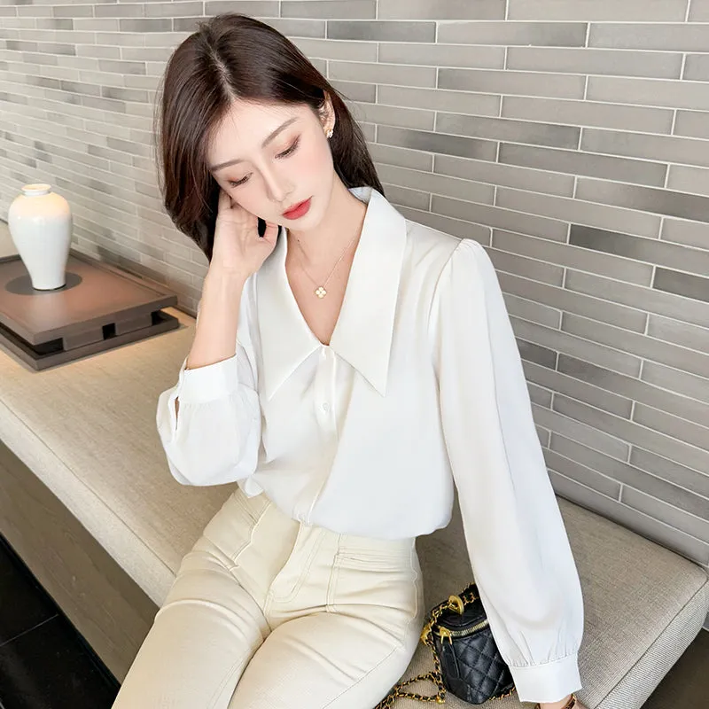 Chic French Style Solid White Satin Dress Shirt