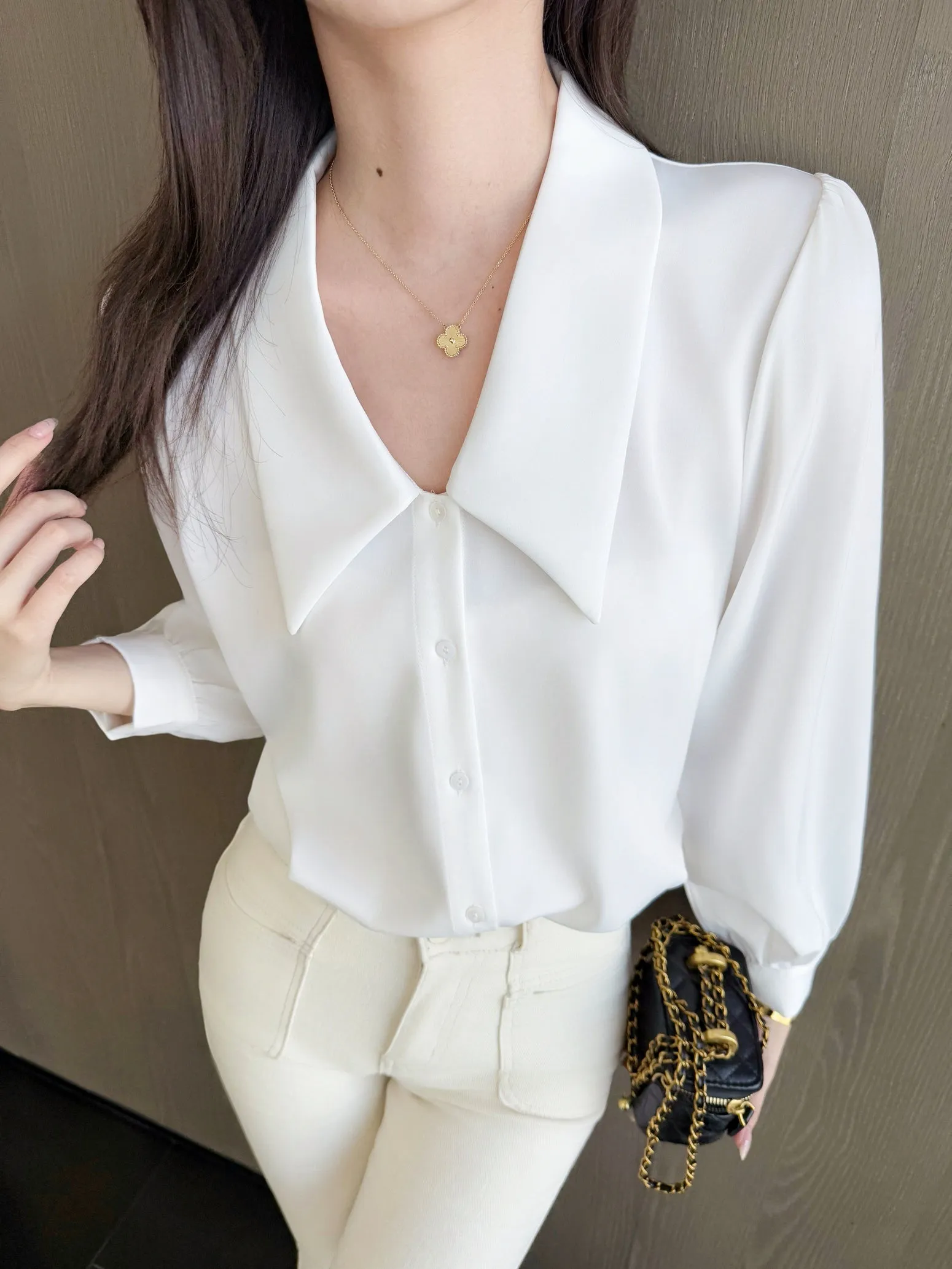 Chic French Style Solid White Satin Dress Shirt