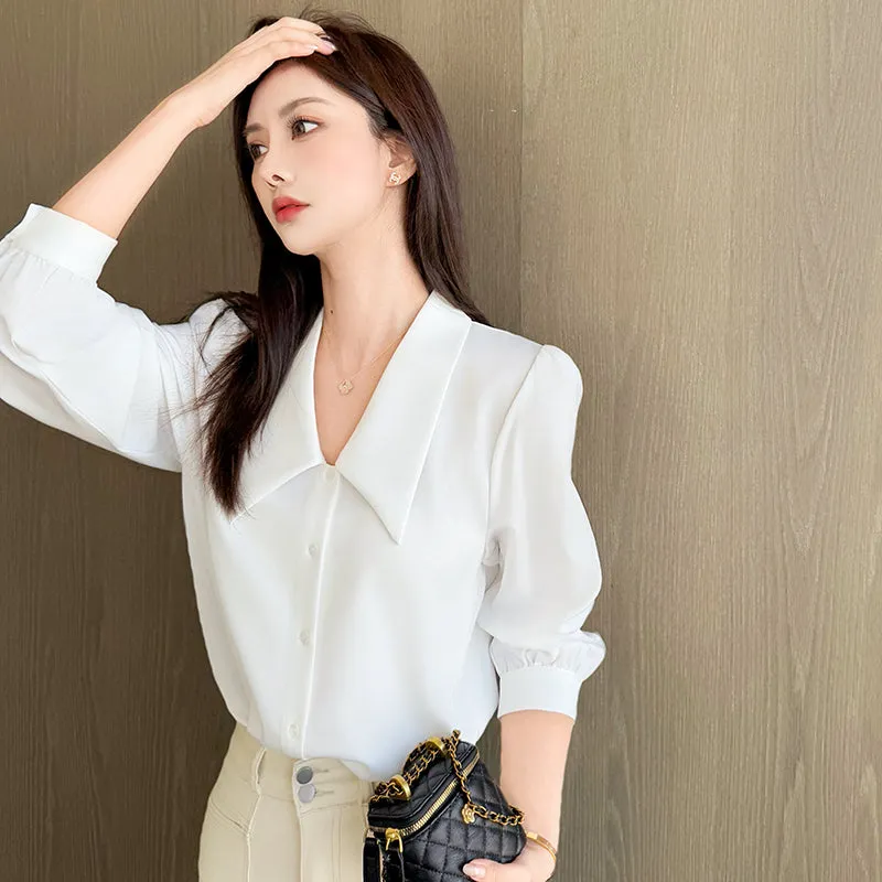 Chic French Style Solid White Satin Dress Shirt