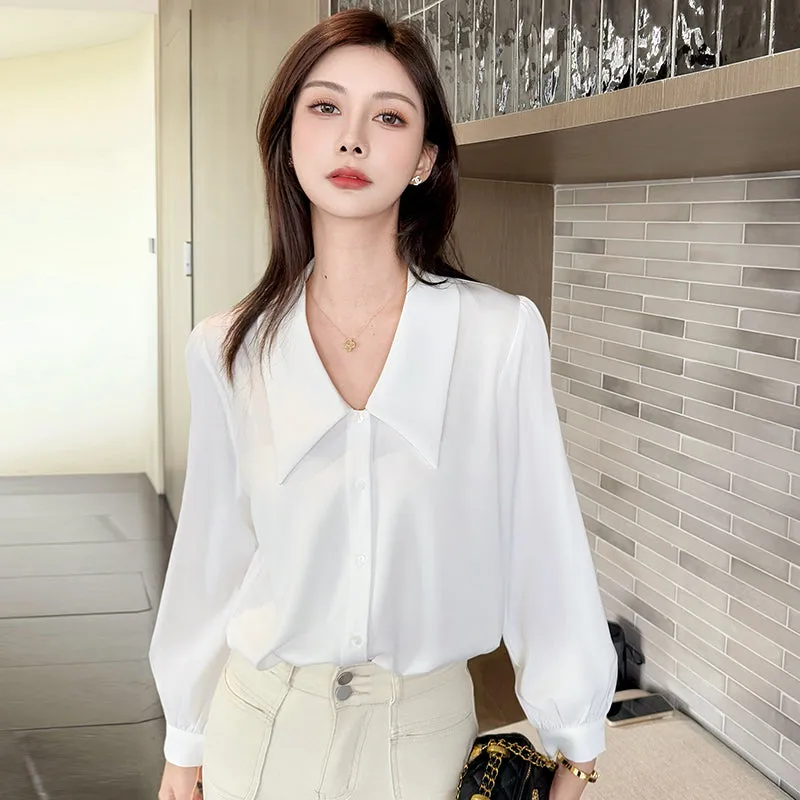 Chic French Style Solid White Satin Dress Shirt