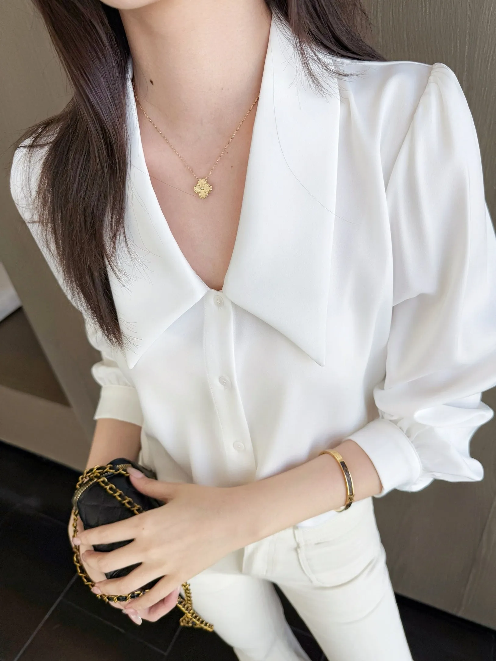 Chic French Style Solid White Satin Dress Shirt