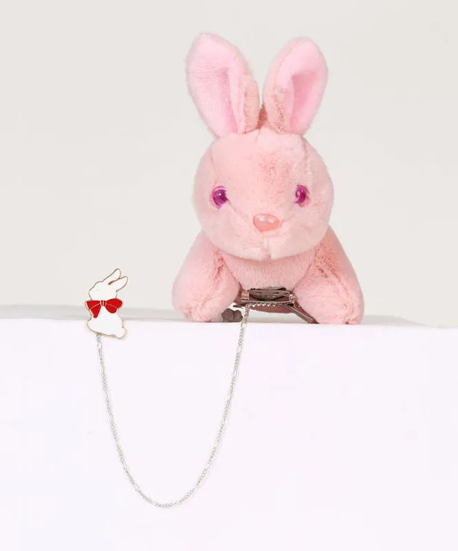 Chic Pink Alloy Chain Plush Rabbit Brooches