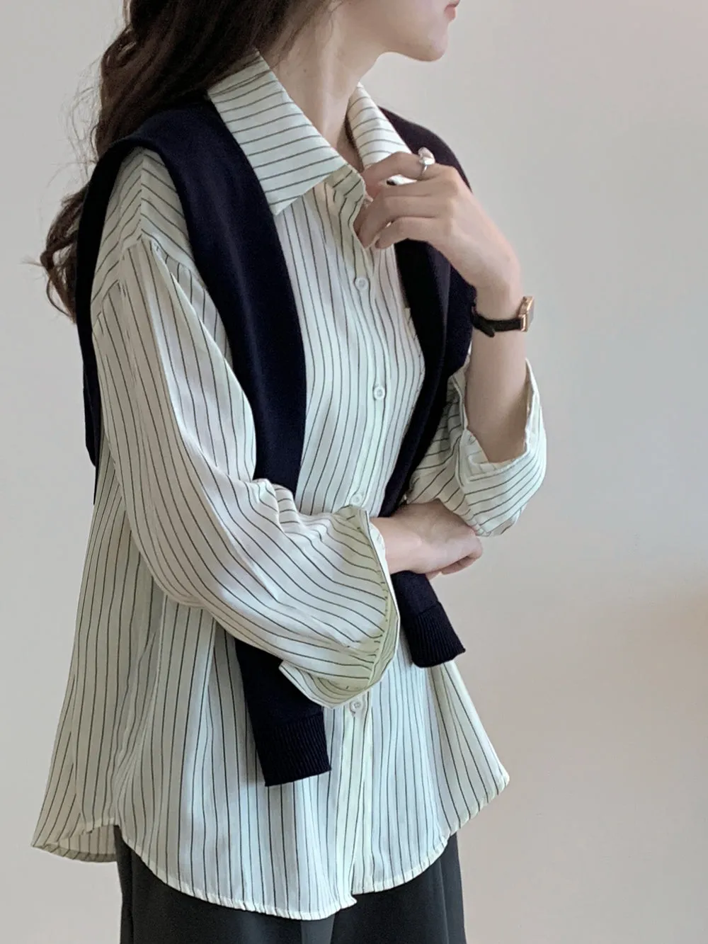 Chic Two-Piece Comfortable Seersucker Long Sleeve Shirt for Women