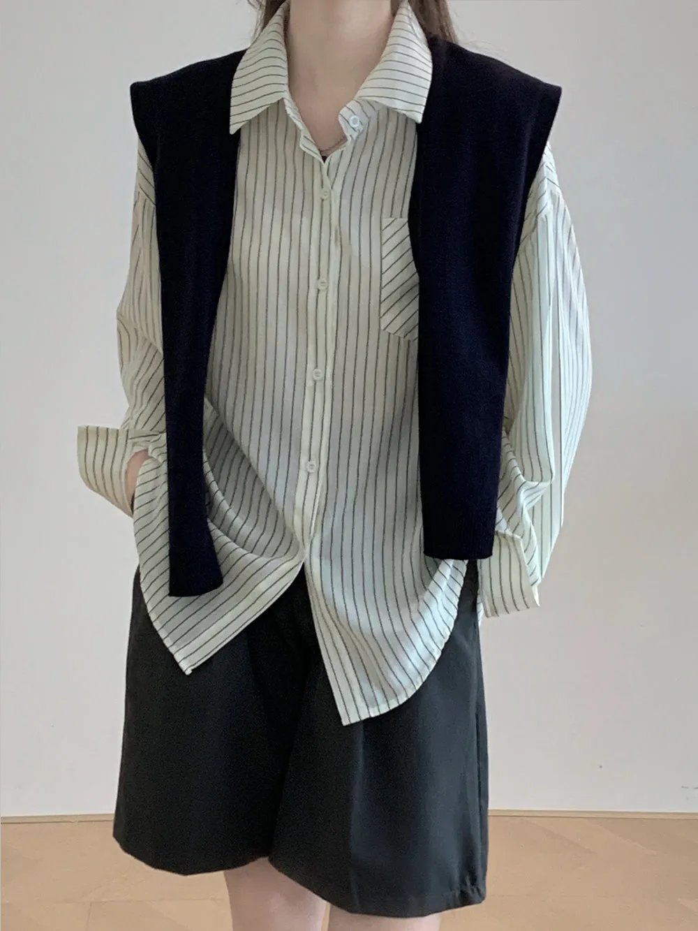 Chic Two-Piece Comfortable Seersucker Long Sleeve Shirt for Women