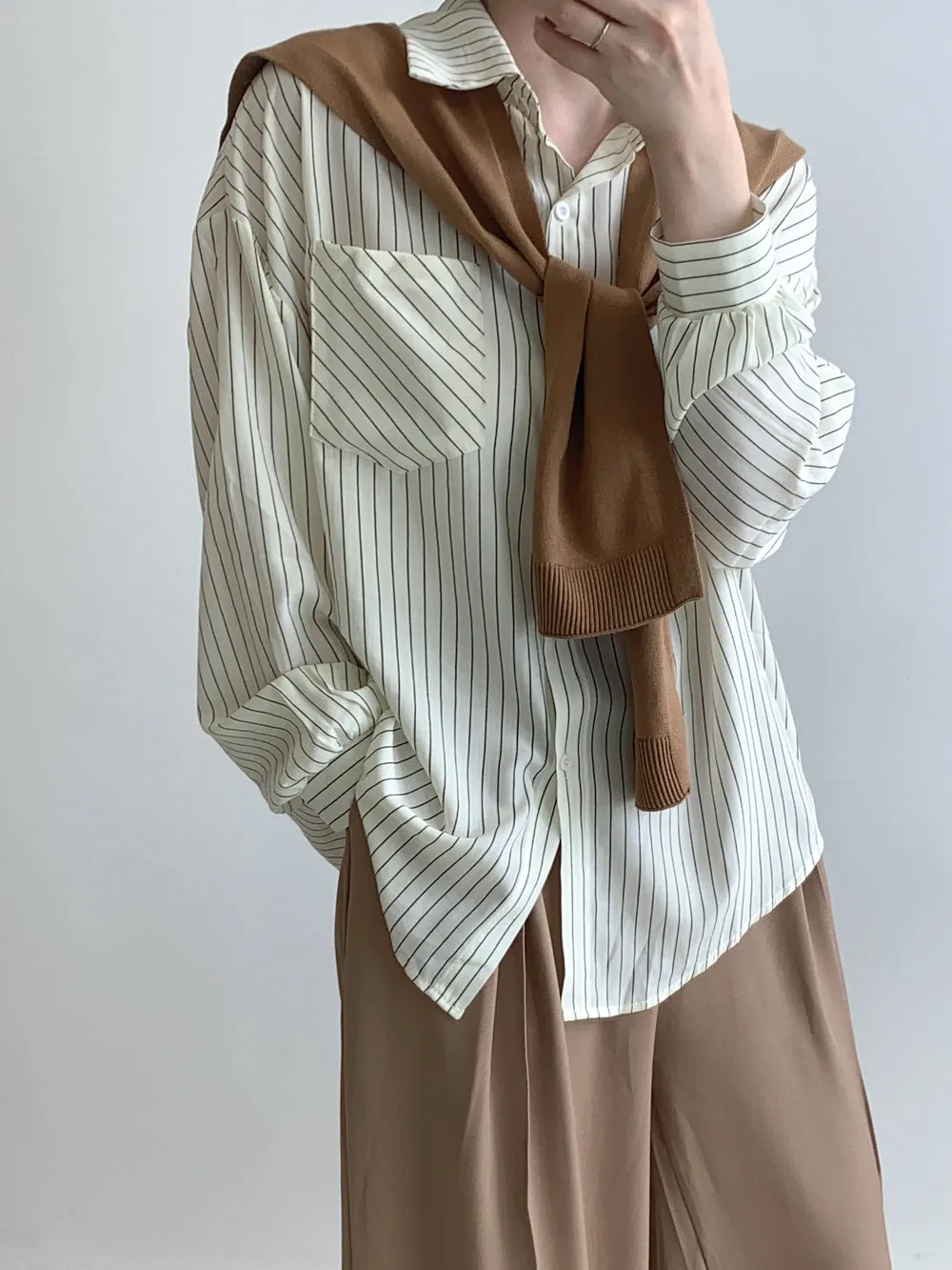 Chic Two-Piece Comfortable Seersucker Long Sleeve Shirt for Women