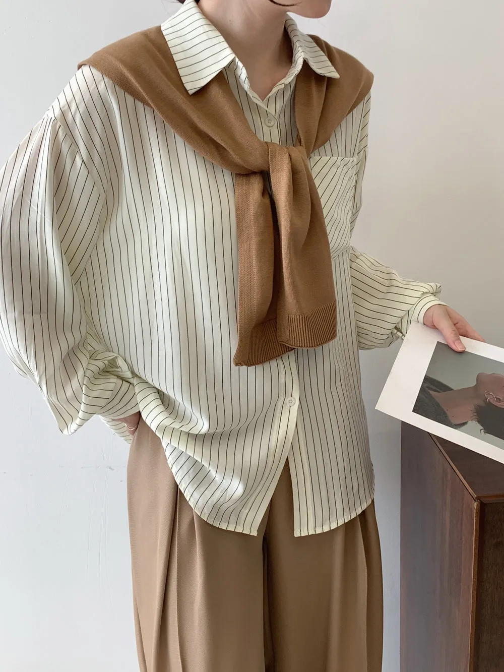 Chic Two-Piece Comfortable Seersucker Long Sleeve Shirt for Women