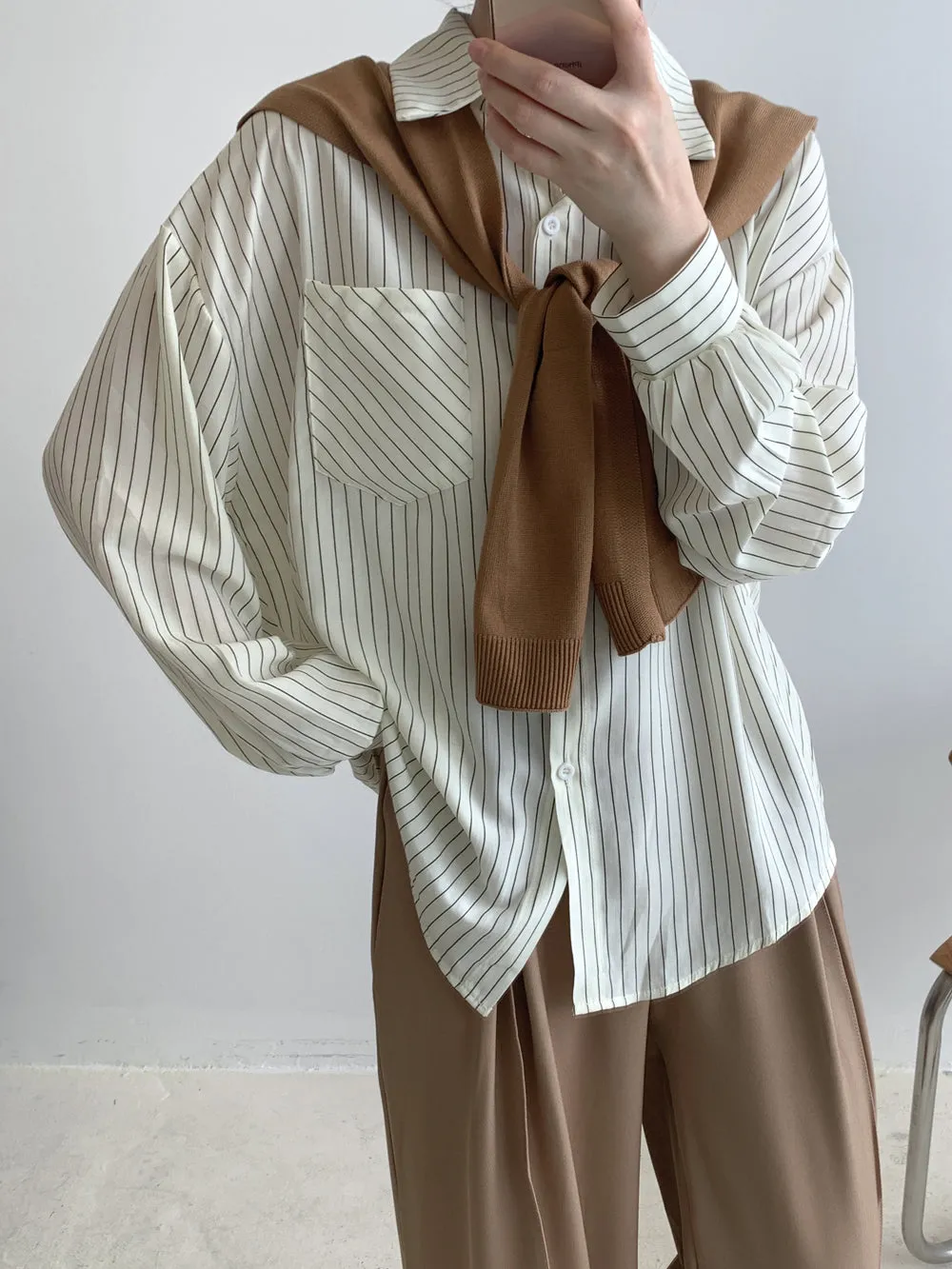 Chic Two-Piece Comfortable Seersucker Long Sleeve Shirt for Women