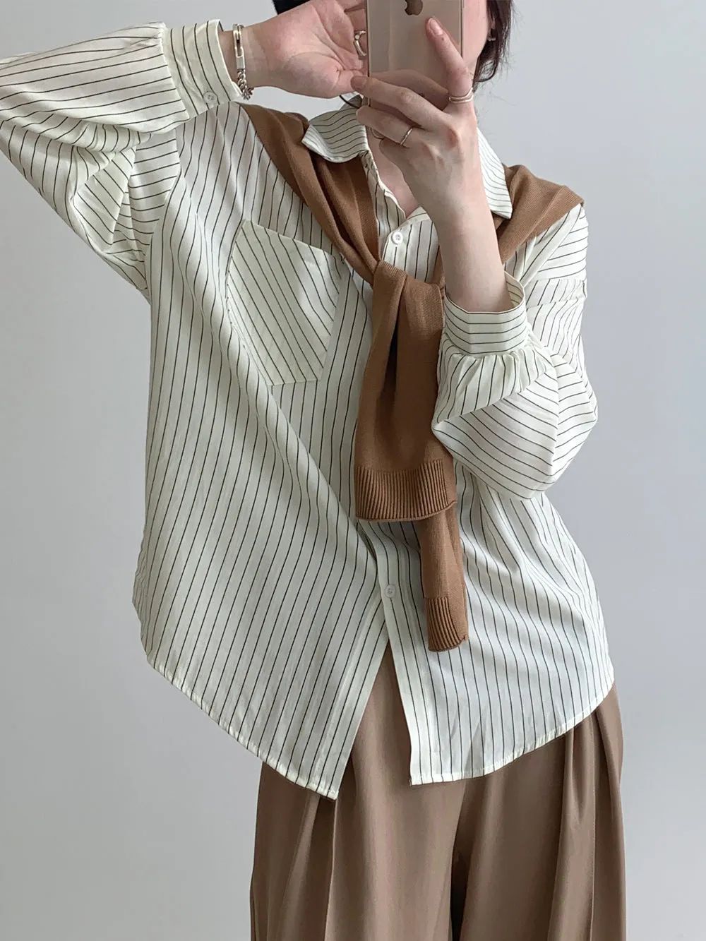 Chic Two-Piece Comfortable Seersucker Long Sleeve Shirt for Women