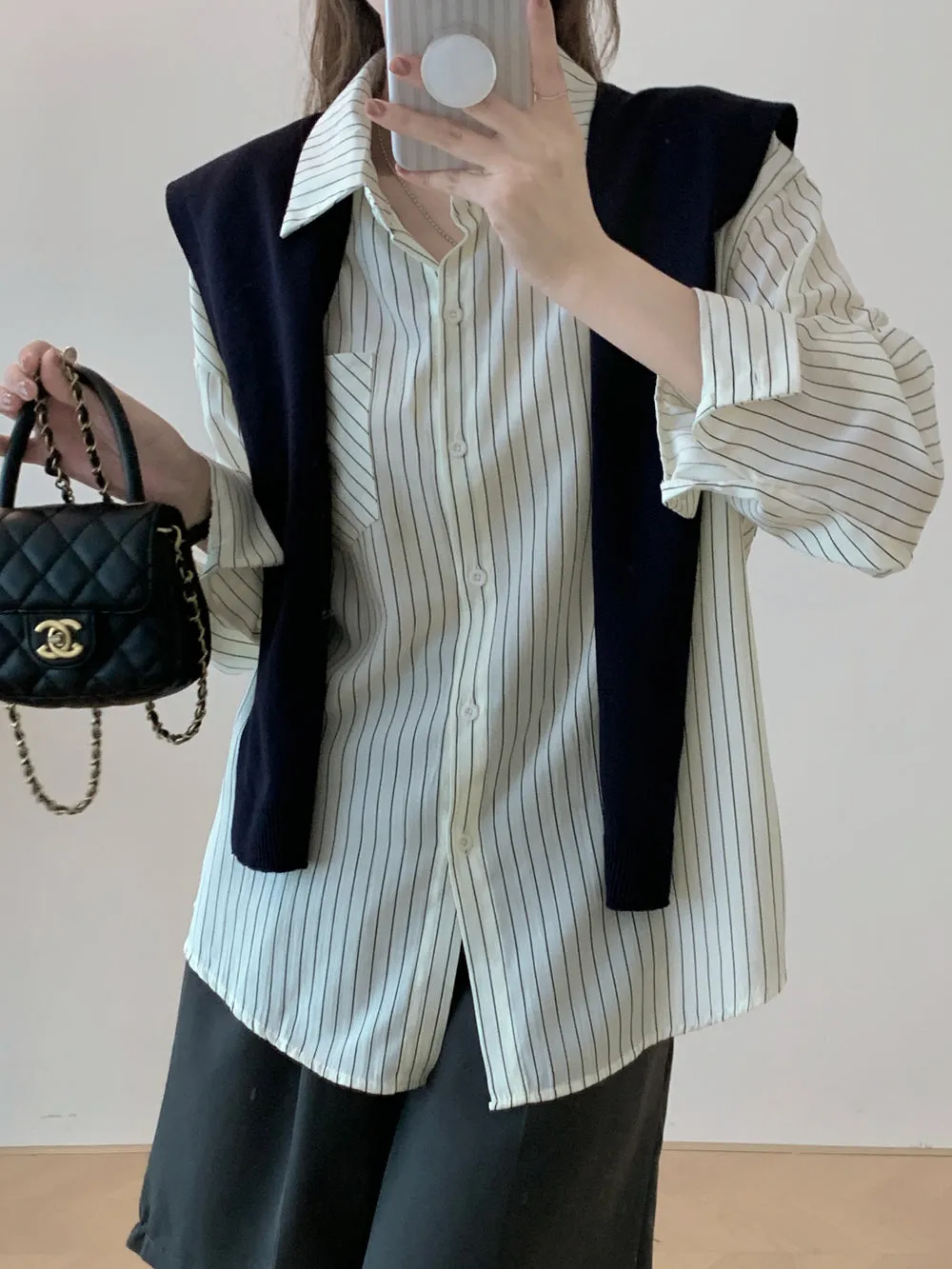Chic Two-Piece Comfortable Seersucker Long Sleeve Shirt for Women