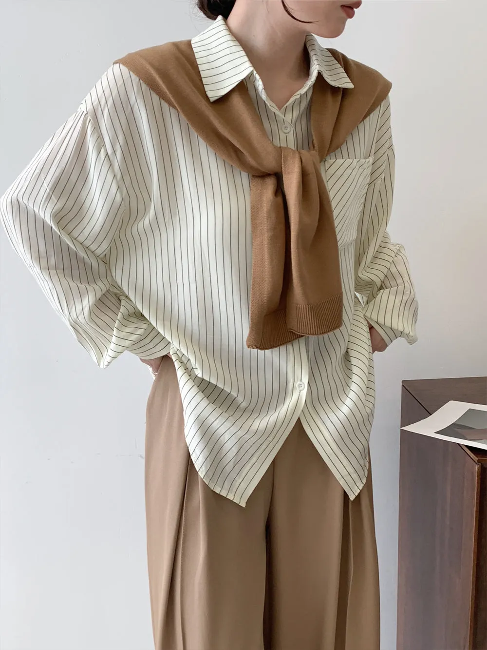 Chic Two-Piece Comfortable Seersucker Long Sleeve Shirt for Women