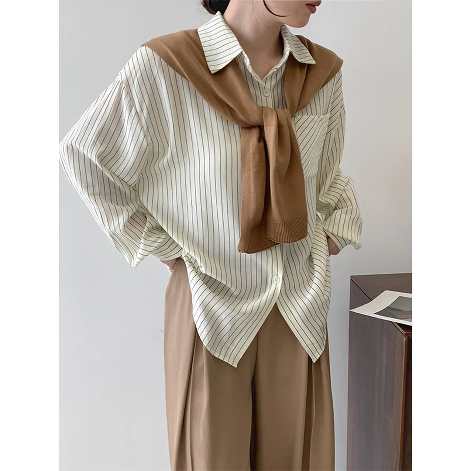 Chic Two-Piece Comfortable Seersucker Long Sleeve Shirt for Women