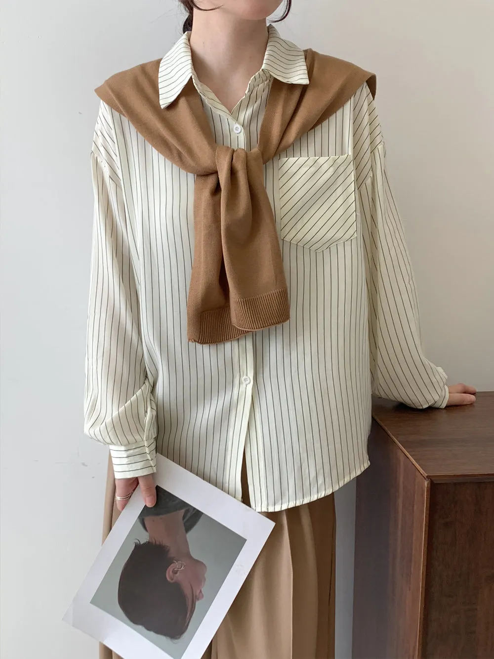 Chic Two-Piece Comfortable Seersucker Long Sleeve Shirt for Women
