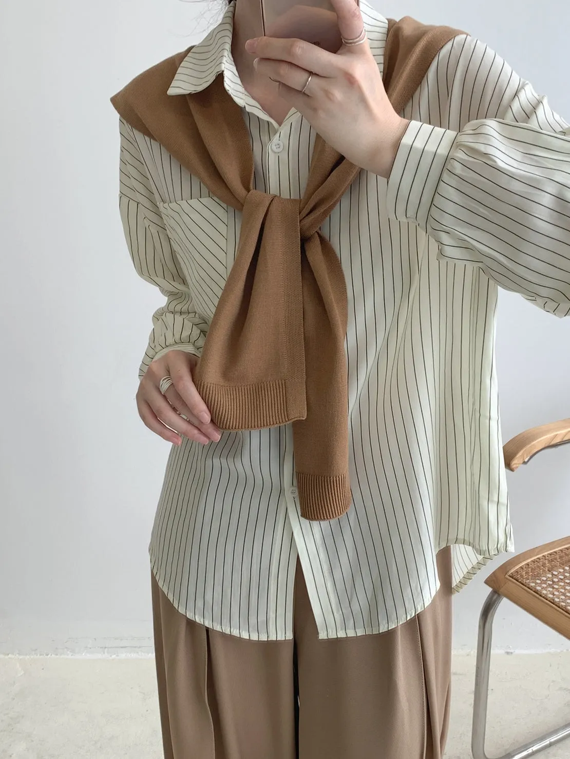 Chic Two-Piece Comfortable Seersucker Long Sleeve Shirt for Women