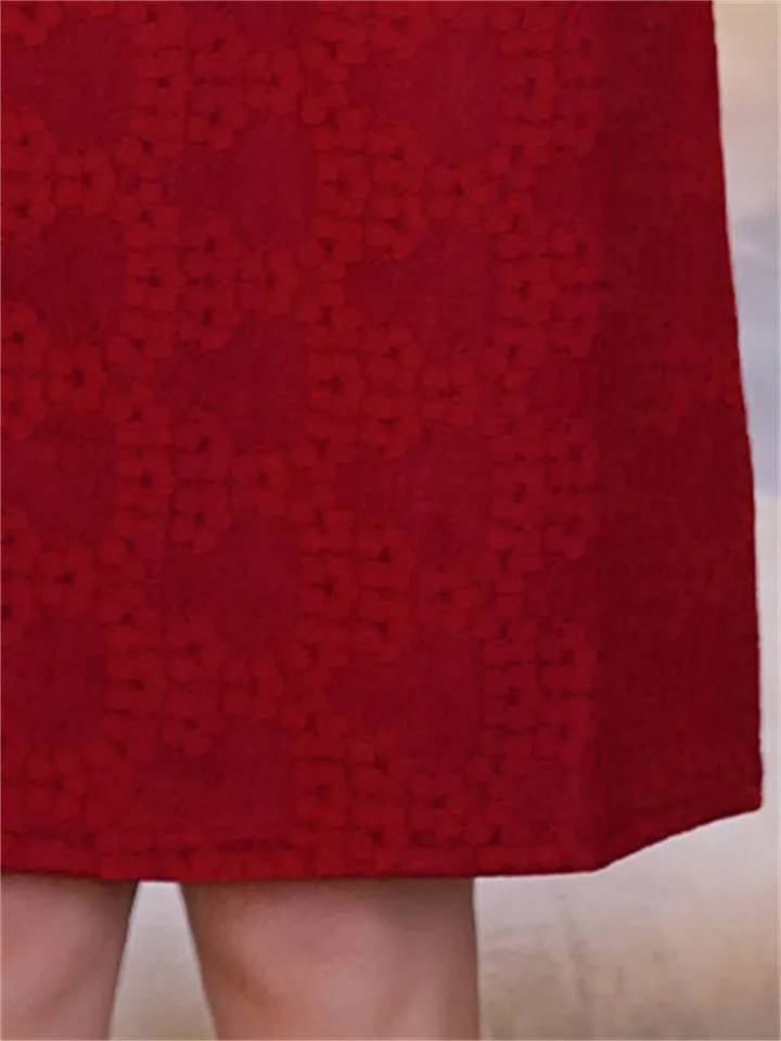 Chinese Style Wine Red Knee Length Jacquard Qipao