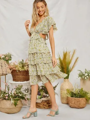 CM-DS108600 Women Elegant Bohemian Style Tie Back Flutter Sleeve Layered Floral Dress