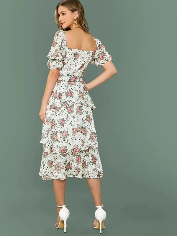 CM-DS206997 Women Elegant European Style Puff Sleeve Self Belted Floral Print Layered Dress