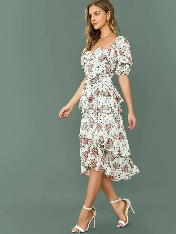 CM-DS206997 Women Elegant European Style Puff Sleeve Self Belted Floral Print Layered Dress