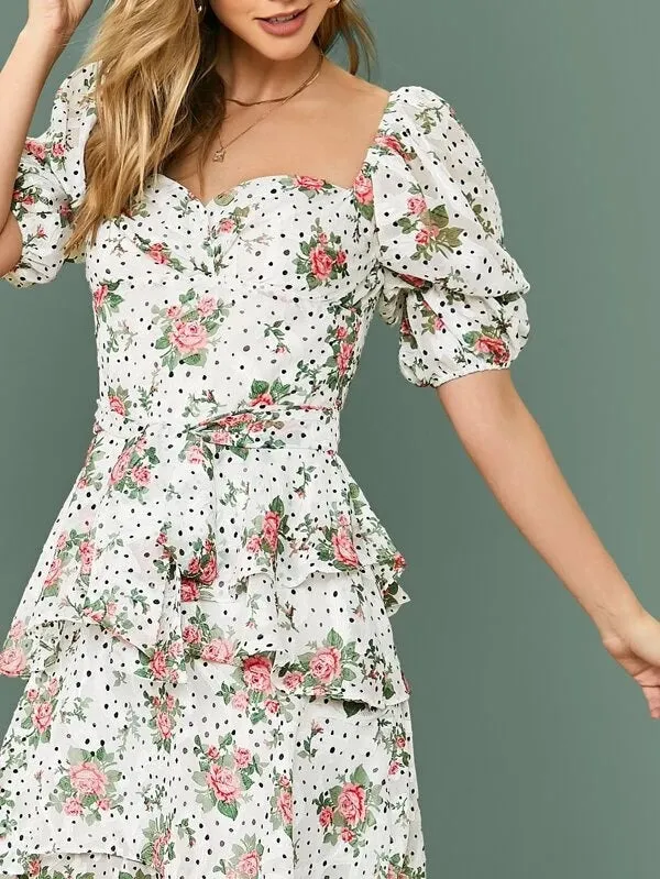 CM-DS206997 Women Elegant European Style Puff Sleeve Self Belted Floral Print Layered Dress