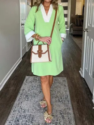 Contrast Collar V-neck Side Slit Dress
