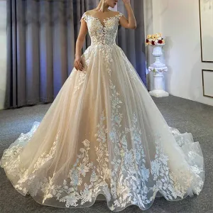 Court Train A-Line Princess Scoop Neck Covered  Court Train With Appliqued