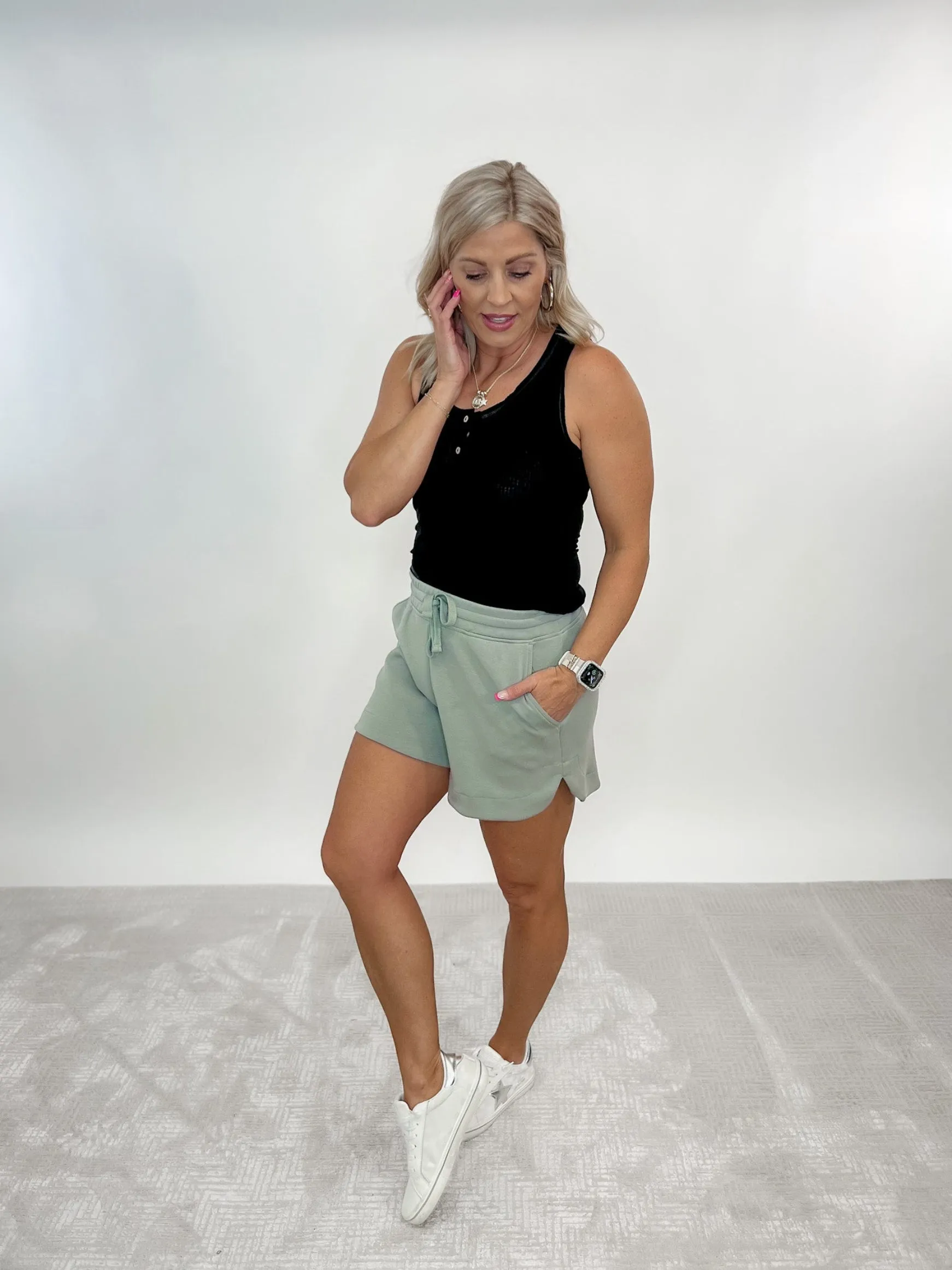 Crazy for You Scuba Shorts, Dusty Sage