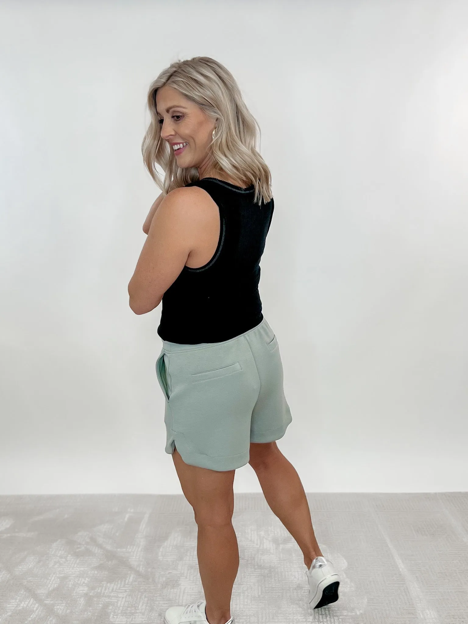 Crazy for You Scuba Shorts, Dusty Sage