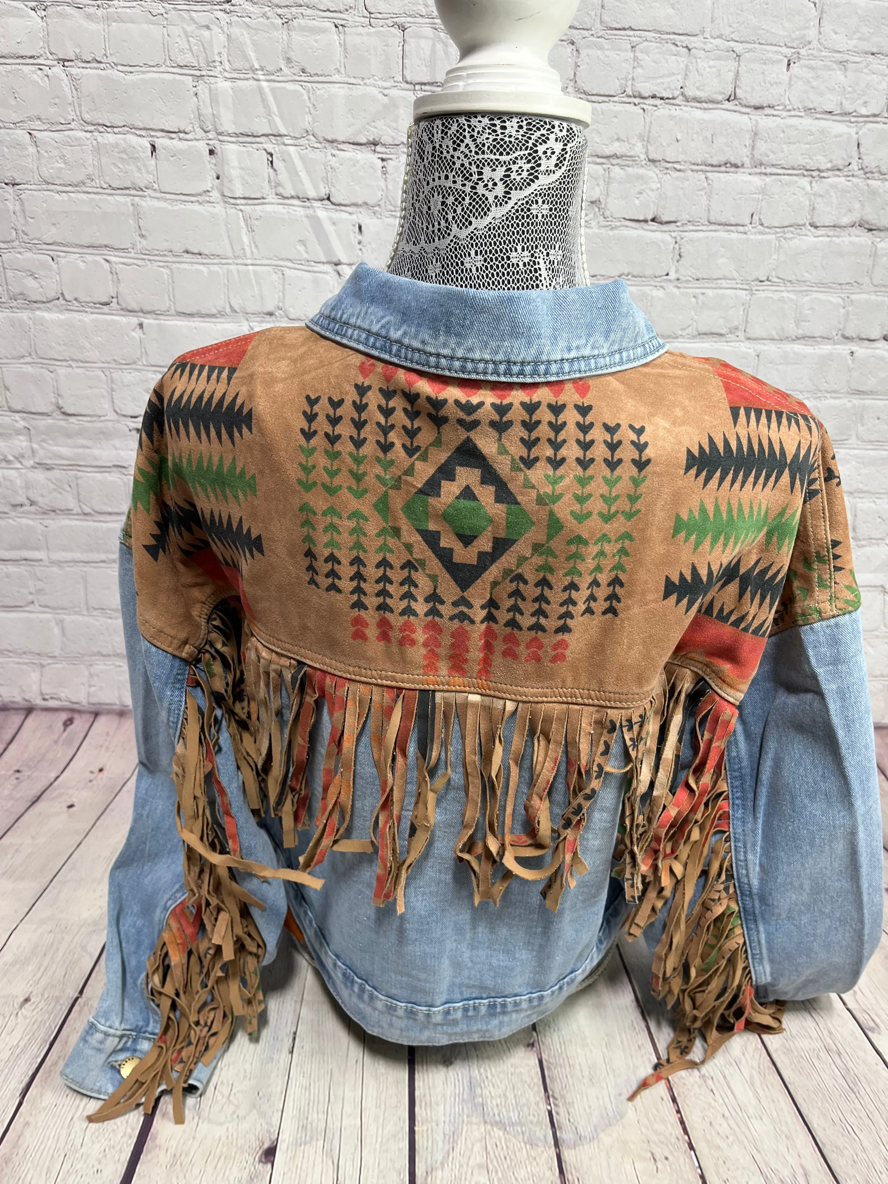 Crop Jean Jacket with Fringe & Aztec accents