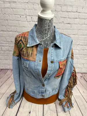 Crop Jean Jacket with Fringe & Aztec accents