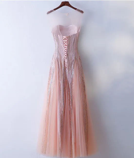 Custom Made Round Neck Lace Pink Prom Dresses, Lace Pink Formal Dresses, Evening Dresses