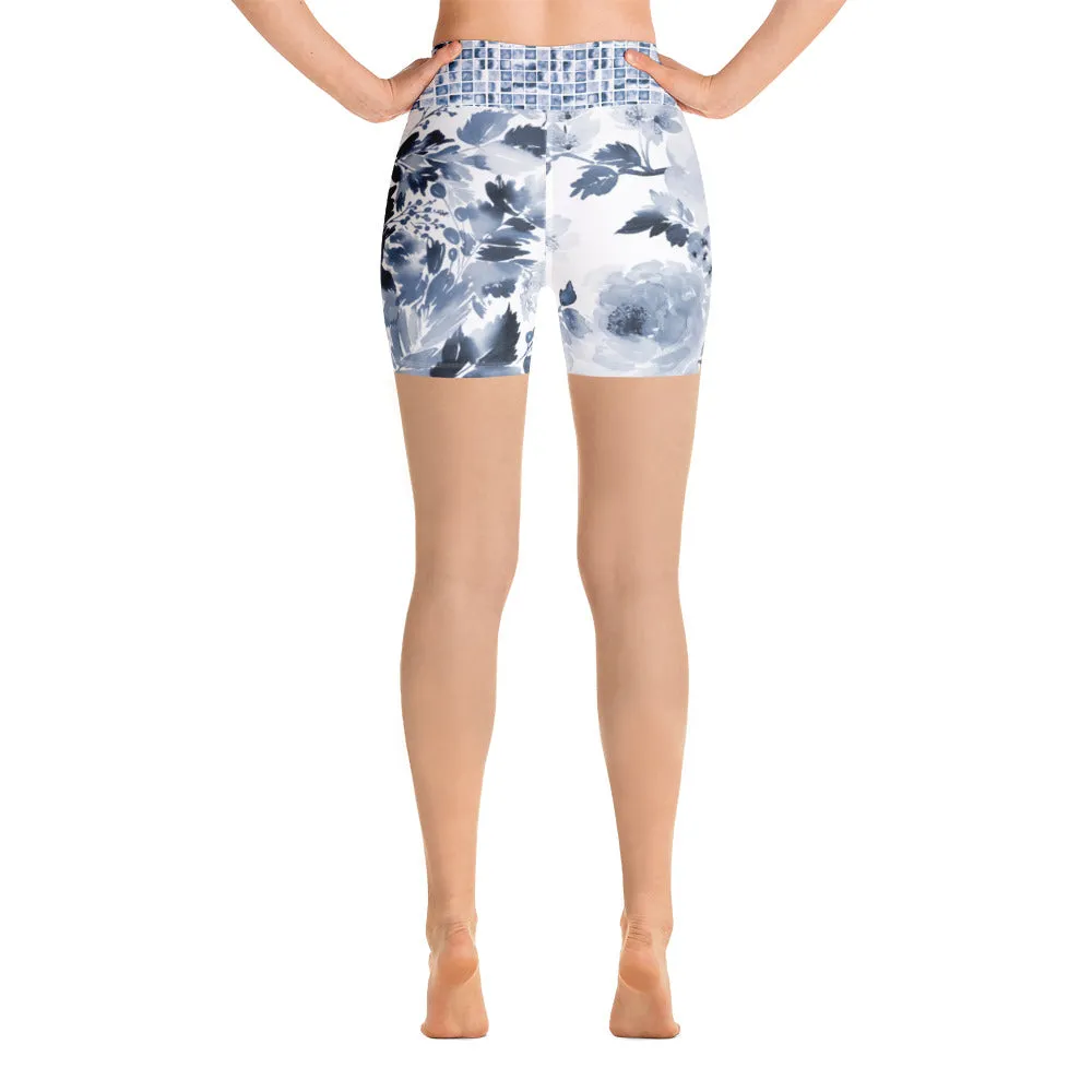 Dark Blue Watercolor Floral - Yoga Shorts