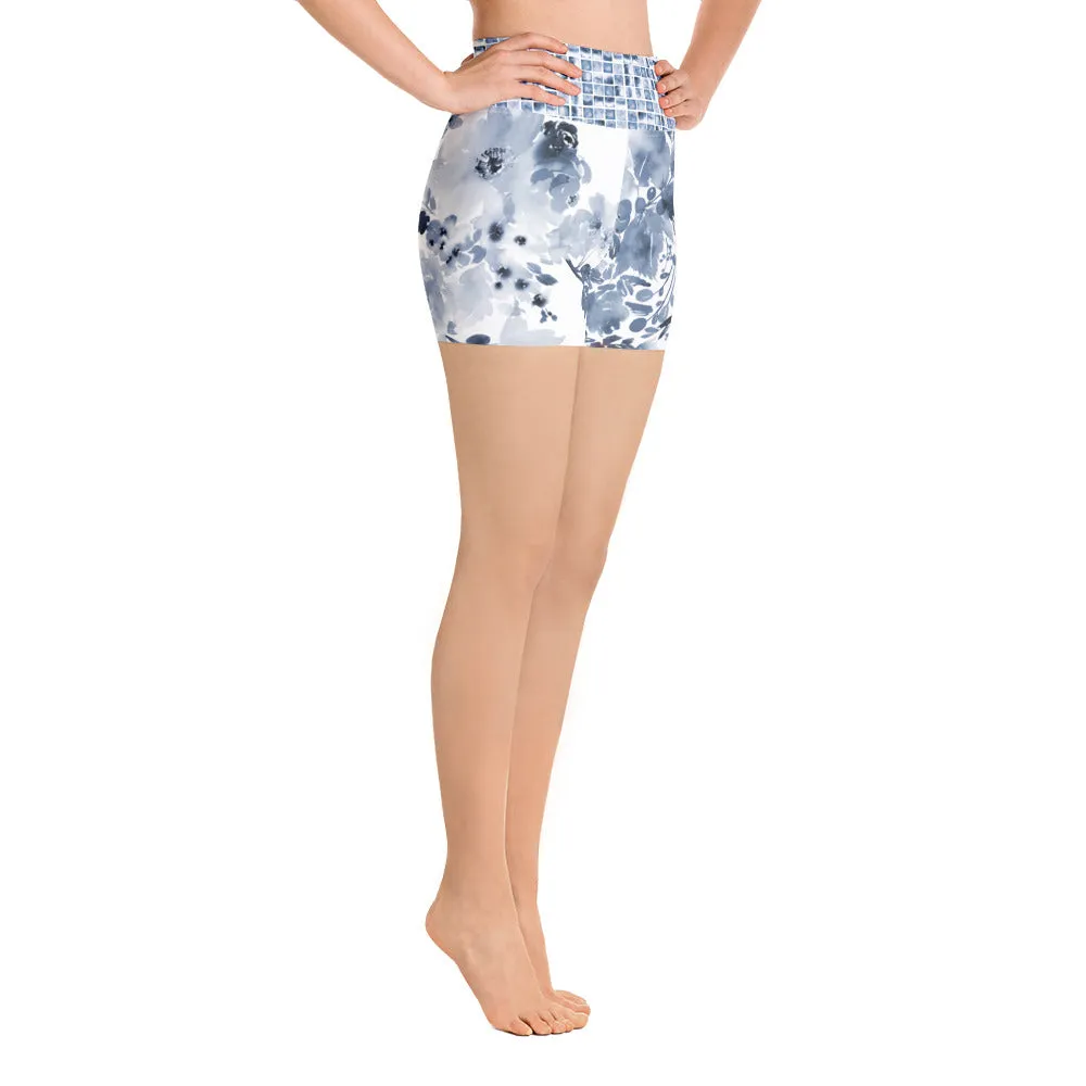 Dark Blue Watercolor Floral - Yoga Shorts