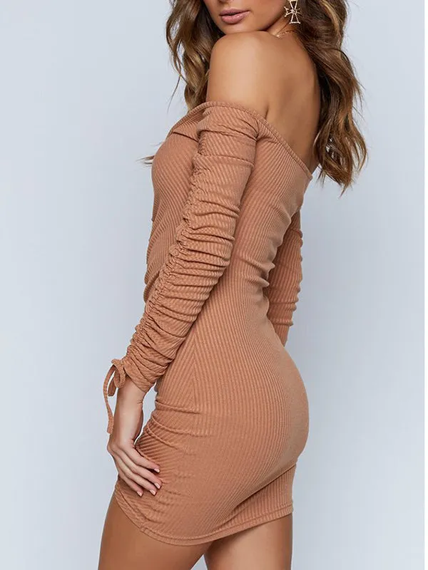Deep V-neck Long Sleeve Drawstring Sexy Strapless Dress
