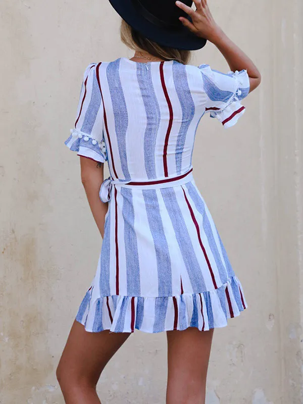 Deep V Waist Stitching Lace Print Strip Dress