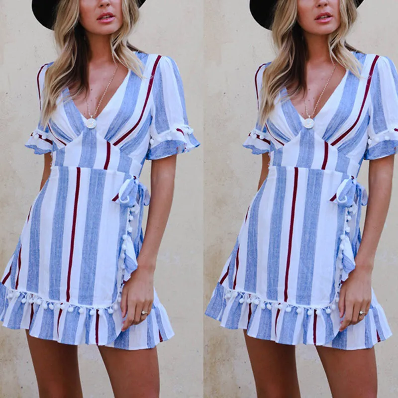 Deep V Waist Stitching Lace Print Strip Dress