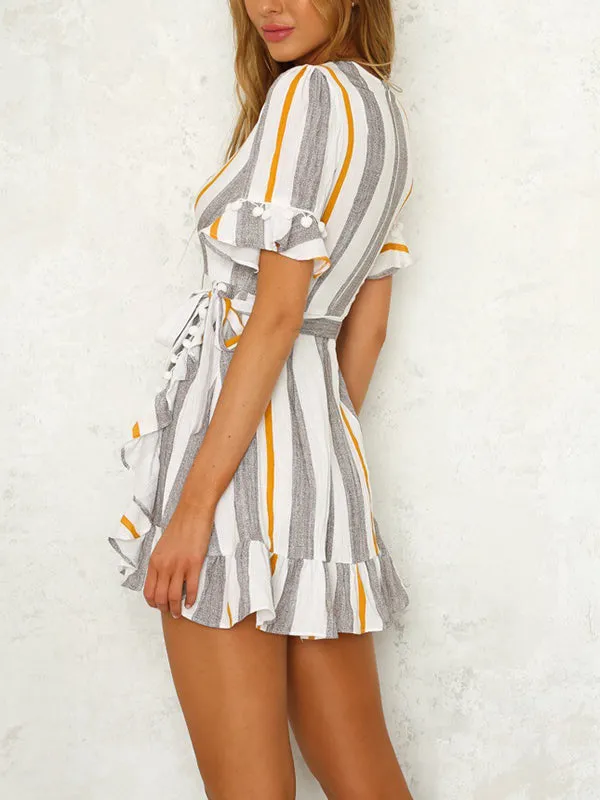 Deep V Waist Stitching Lace Print Strip Dress