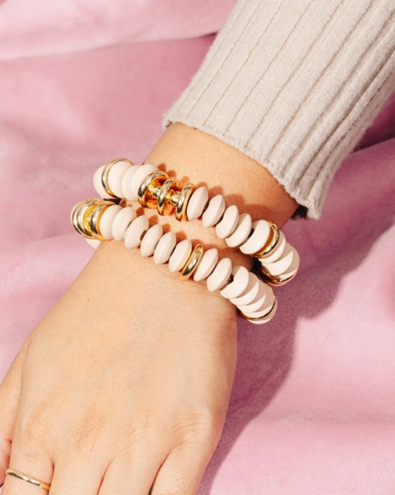 Disc Beaded Bracelet Set- Beige and Hot Pink