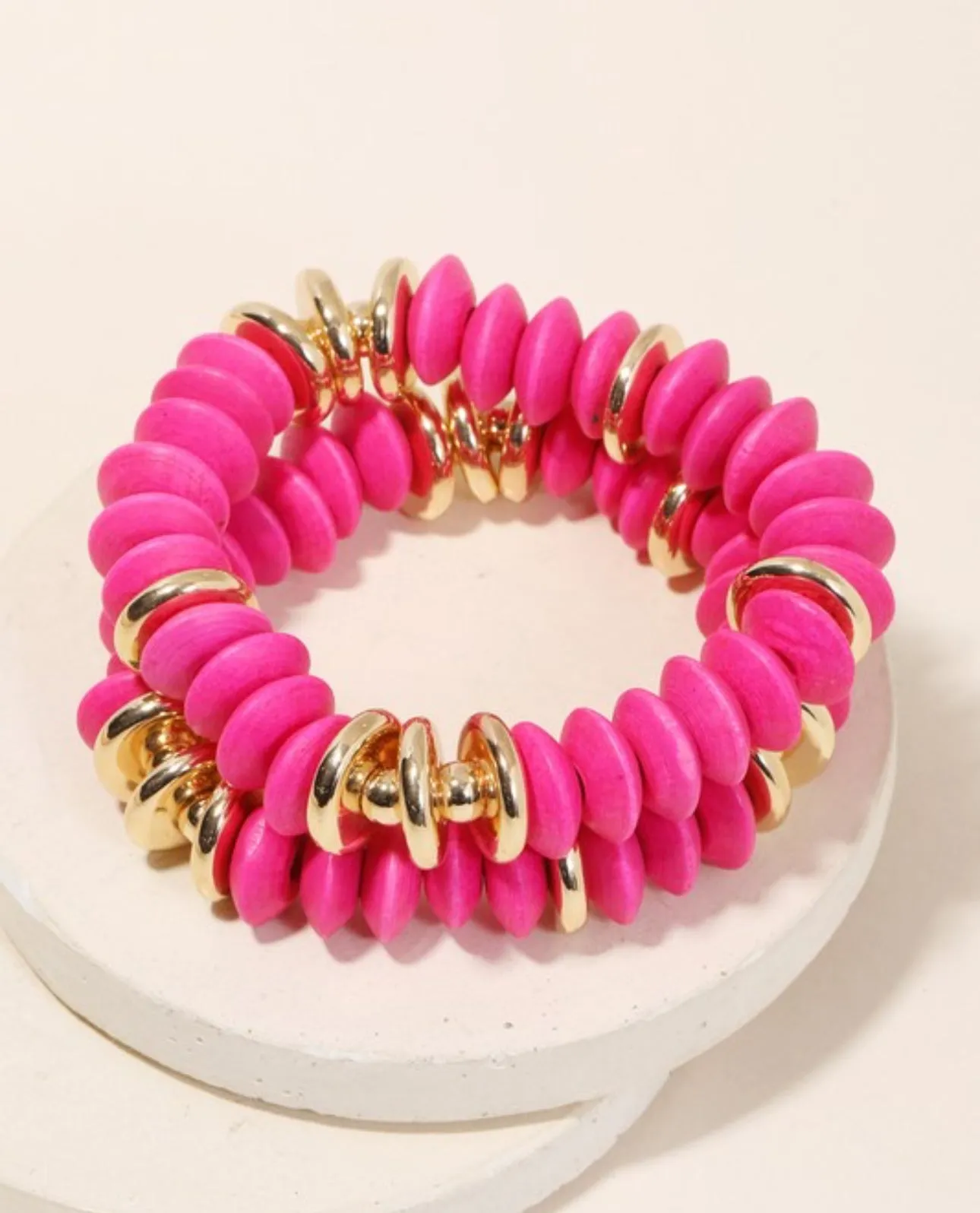 Disc Beaded Bracelet Set- Beige and Hot Pink