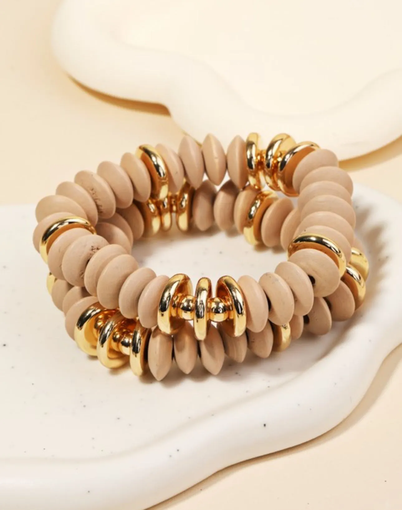 Disc Beaded Bracelet Set- Beige and Hot Pink