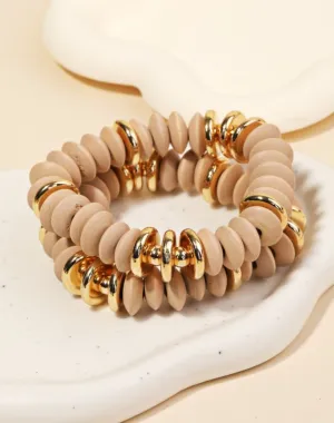 Disc Beaded Bracelet Set- Beige and Hot Pink