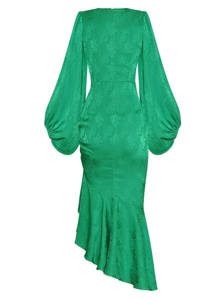 Elakshi O-Neck Lantern Sleeve Folds Asymmetrical Dress