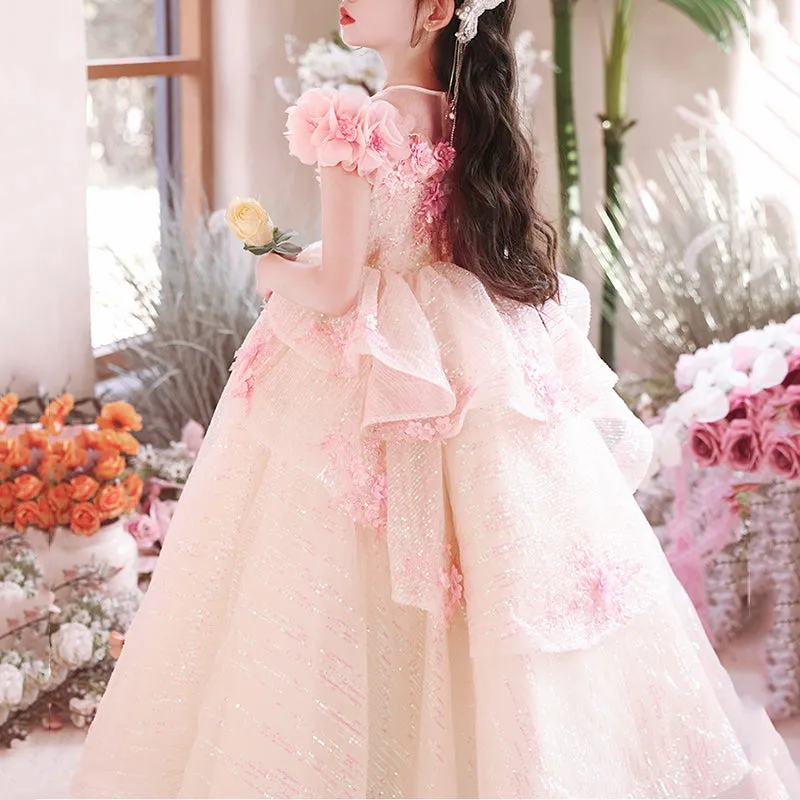 Elegant Baby Girls Pink Sequined Mesh Formal Dresses Toddler Christening Dresses