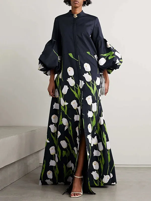 Elegant Floral Printed Lantern Sleeves Stand Collar Party Evening Maxi Dress