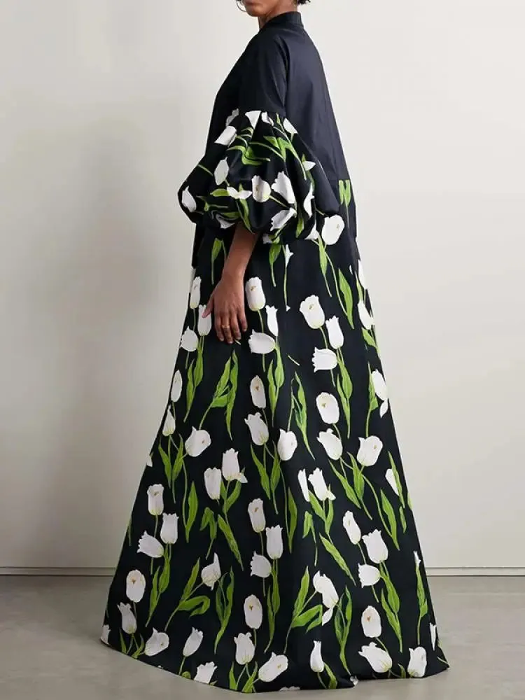 Elegant Floral Printed Lantern Sleeves Stand Collar Party Evening Maxi Dress