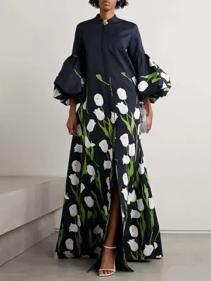 Elegant Floral Printed Lantern Sleeves Stand Collar Party Evening Maxi Dress