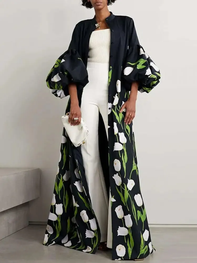 Elegant Floral Printed Lantern Sleeves Stand Collar Party Evening Maxi Dress