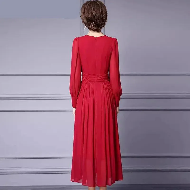 Elegant Solid Color Lantern Sleeve Dress – Women's Chic Appliqued High Waist Pleated Evening Dress for Autumn/Winter